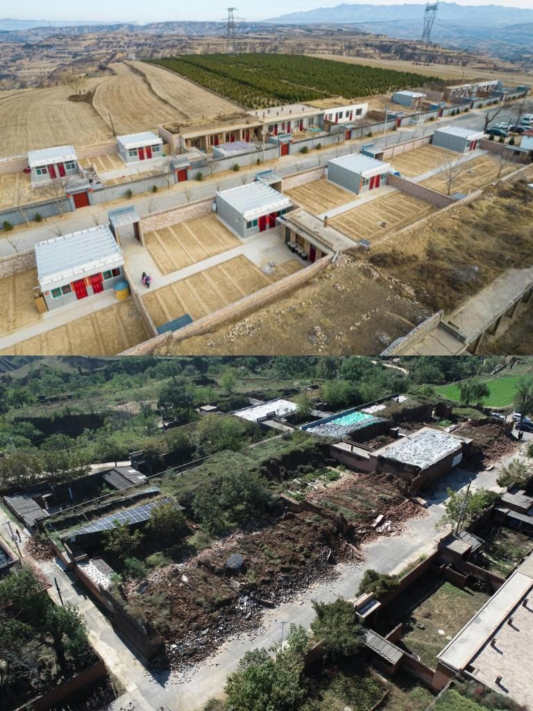 拼版照片，上圖是2022年1月山西省霍州市師莊鄉(xiāng)馮南垣村災(zāi)后恢復(fù)重建后的場景，下圖是2021年10月村莊因災(zāi)受損的場景。(霍州市委宣傳部供圖)