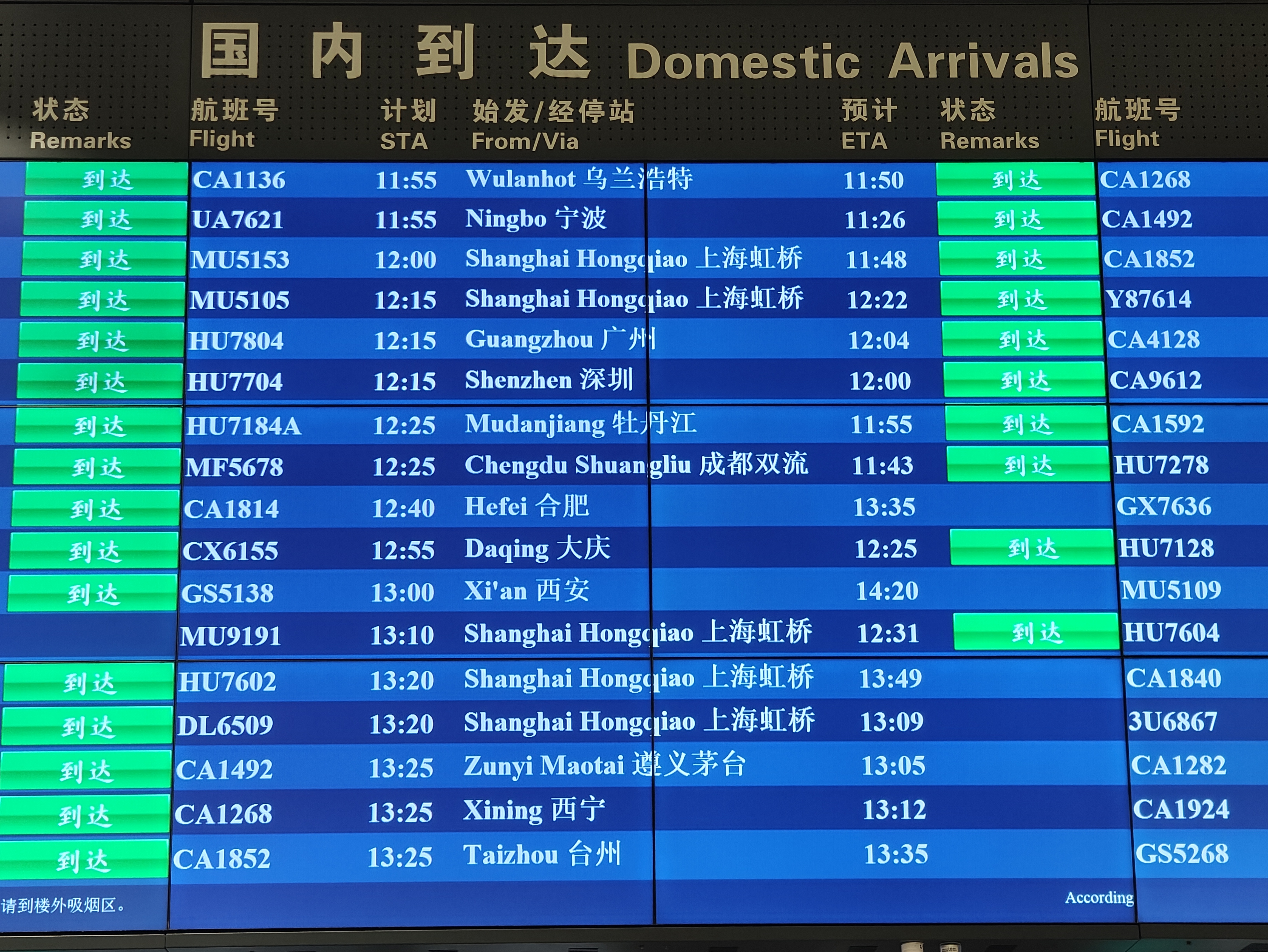 首都機場大屏顯示，MU9191航班于12:31順利到達。人民網(wǎng)記者 夏曉倫攝