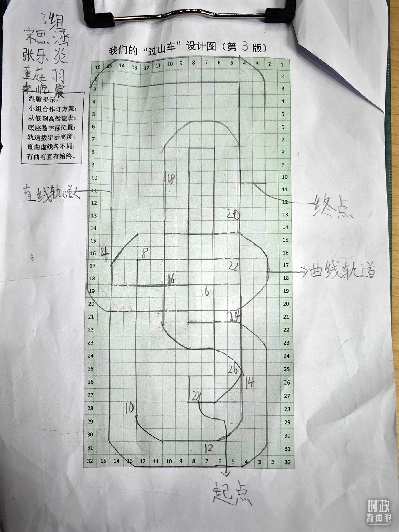 △學(xué)生們搭建過山車模型的設(shè)計(jì)圖。（總臺央視記者彭漢明拍攝）