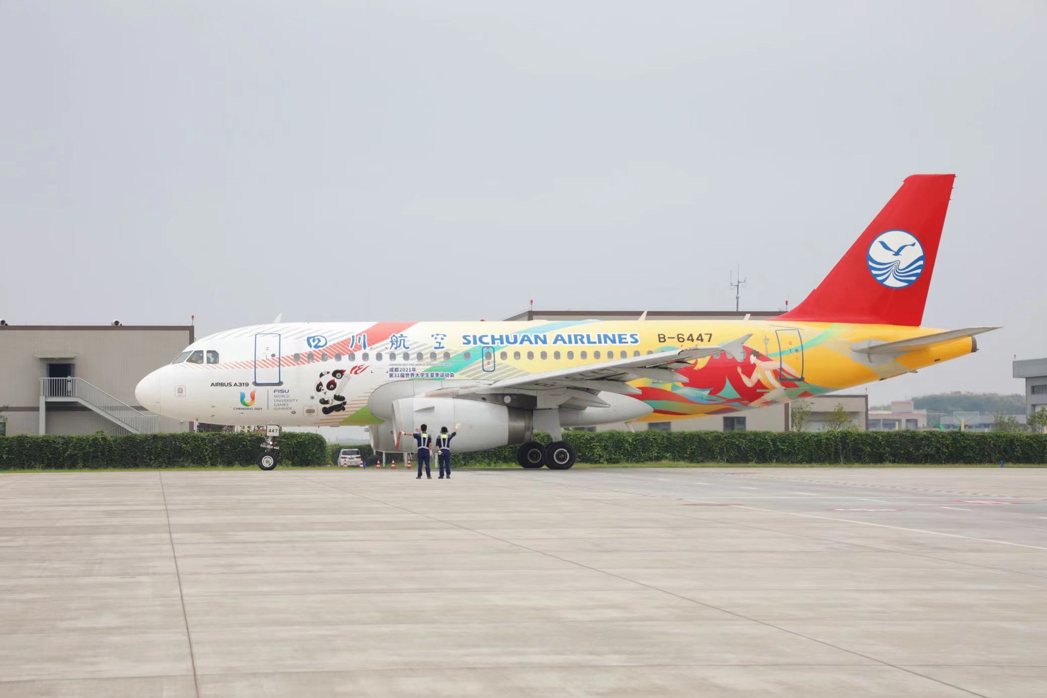 “大運(yùn)號(hào)”主題彩繪飛機(jī)。 圖片來(lái)源：成都大運(yùn)會(huì)執(zhí)委會(huì) 趙汪洋攝