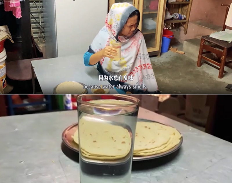 圖為紀實短片截圖：上圖為水質(zhì)未改善前，飲用水發(fā)黃渾濁；下圖為水廠建成后，飲用水水質(zhì)明顯改善，清澈透明。