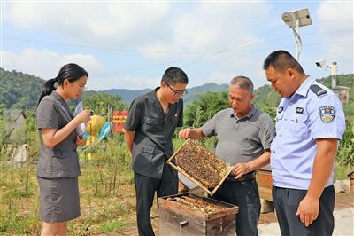  圖②：蒙山法院黃村法庭法官深入蜂蜜合作社，實(shí)地了解蜂農(nóng)需求。