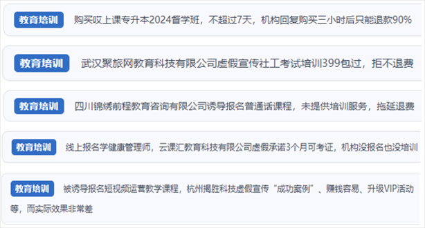 “人民投訴”用戶舉報機(jī)構(gòu)虛假宣傳包過包拿證、虛假承諾收益效果、課程服務(wù)貨不對板、退款難等在線教培亂象。（“人民投訴”平臺截圖）