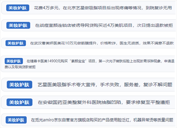 “人民投訴”用戶舉報醫(yī)美未達(dá)預(yù)期效果或?qū)е律眢w損傷退款遭拒、機(jī)構(gòu)及服務(wù)人員虛假資質(zhì)、被誘導(dǎo)高額醫(yī)美貸、網(wǎng)購美容儀器質(zhì)量不過關(guān)等問題。（“人民投訴”平臺截圖）