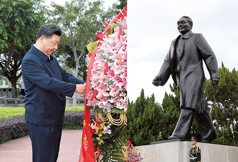 2020年10月14日，習(xí)近平總書記向深圳蓮花山公園鄧小平同志銅像敬獻(xiàn)花籃。