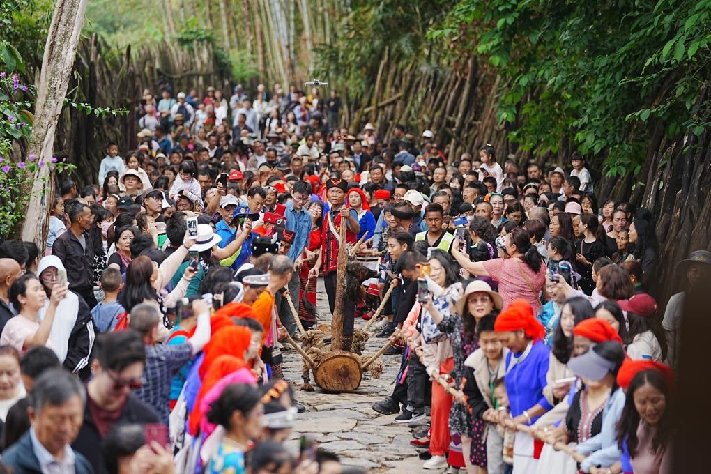5月3日，各地游客在滄源縣翁丁村和村民一起參加佤族傳統(tǒng)民俗拉木鼓活動。（滄源縣融媒體中心供圖）