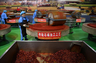 工人用電動石碾加工辣椒面。新華社記者 范培珅 攝