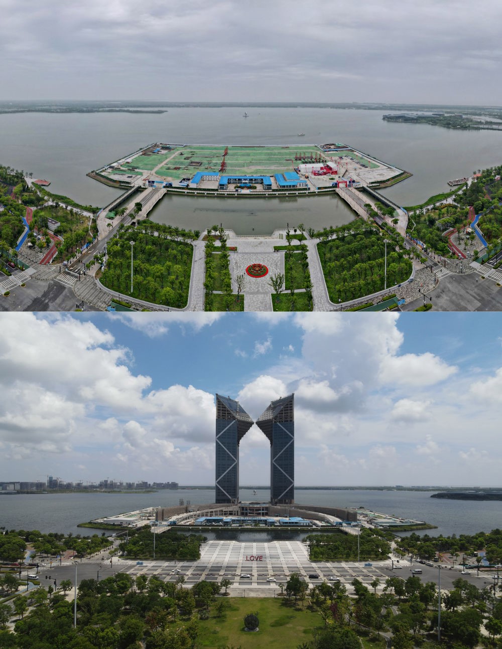 拼版照片：空中俯瞰中國（上海）自由貿(mào)易試驗(yàn)區(qū)臨港新片區(qū)滴水湖西島中銀金融中心項(xiàng)目現(xiàn)場(chǎng)（上圖為2021年6月20日攝，無人機(jī)照片；下圖為2024年8月14日攝，無人機(jī)照片）。2019年8月20日，臨港新片區(qū)揭牌成立，一個(gè)開放新高地在長江與東海交匯處日益崛起。